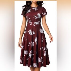 HOMEYEE Women's Short Sleeve Floral Casual Aline Midi Dress A102 (6, Dark Red)